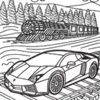 Lamborghini Adventure on Vintage Train Tracks Coloring Page
