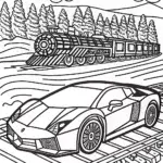 Lamborghini Adventure on Vintage Train Tracks Coloring Page