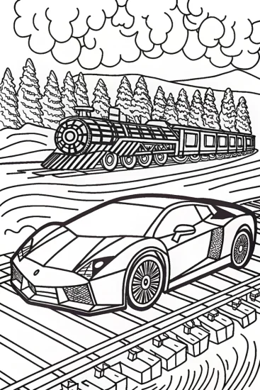 A coloring page of Lamborghini Adventure on Vintage Train Tracks Coloring Page