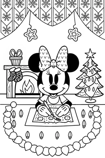 A coloring page of Minnie Mouse’s Cozy Christmas Crafting Coloring Page