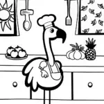 Flamingo Chef in a Tropical Kitchen Coloring Page