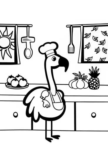 A coloring page of Flamingo Chef in a Tropical Kitchen Coloring Page