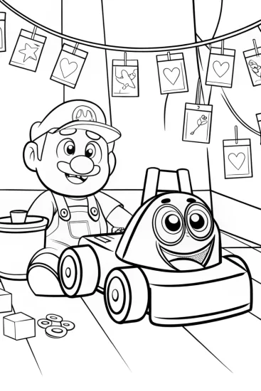 A coloring page of Mario’s Mechanical Kart Workshop Coloring Page
