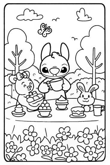 A coloring page of Stitch’s Cozy Tea Party Coloring Page