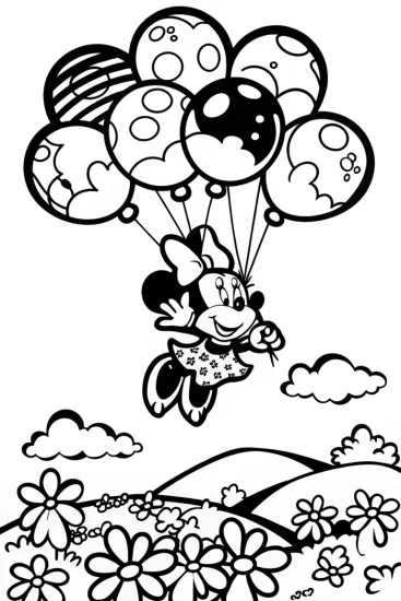 A coloring page of Minnie Mouse’s Dreamy Balloon Adventure Coloring Page