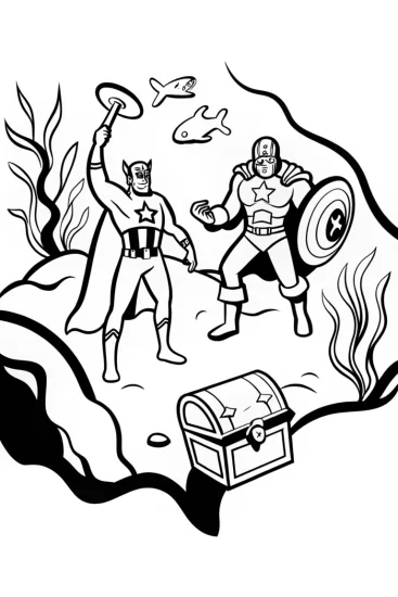 A coloring page of Avengers exploring the ocean depths coloring page