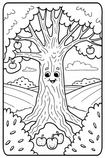 A coloring page of The Enchanted Autumn Orchard Coloring Page
