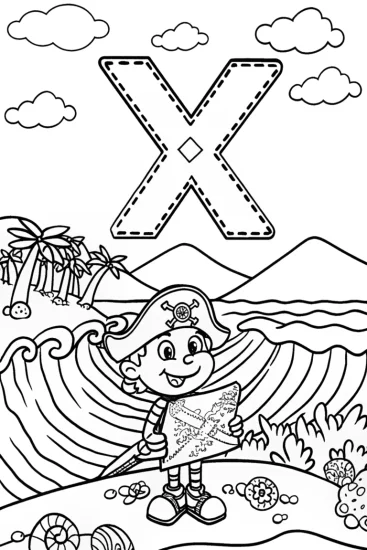 A coloring page of The Adventurous Letter ‘X’ Coloring Page