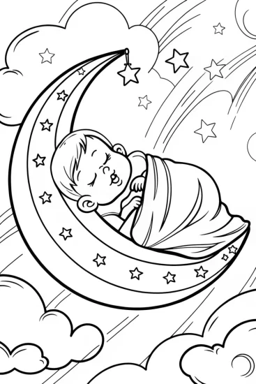 A coloring page of Baby’s Celestial Adventure Coloring Page