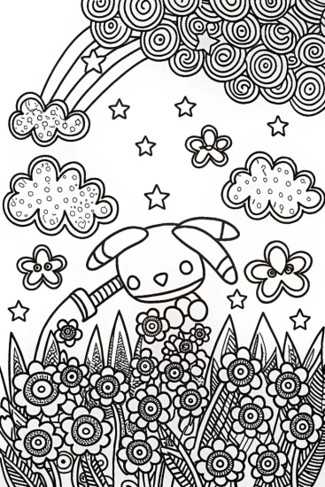 A coloring page of Cinnamoroll’s Dreamy Starry Garden Coloring Page