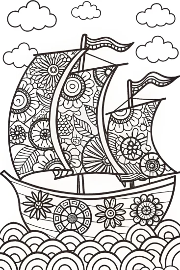 A coloring page of The Adventurous Floral Ship Coloring Page