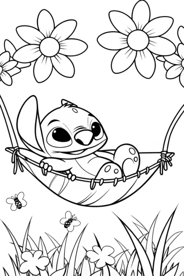 A coloring page of Stitch’s Cozy Garden Retreat Coloring Page