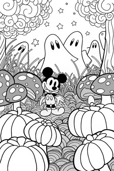 A coloring page of Mickey Mouse’s Enchanted Halloween Garden Coloring Page