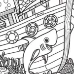 Shark Explorer in a Sunken Ship Coloring Page
