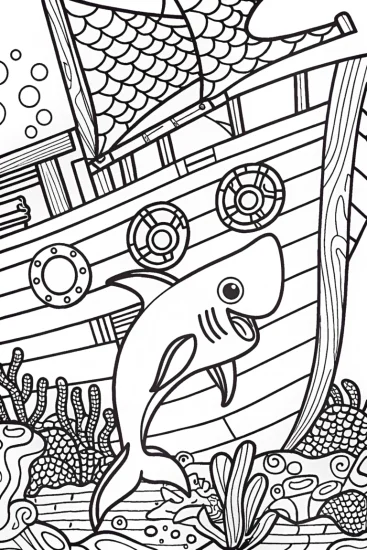 A coloring page of Shark Explorer in a Sunken Ship Coloring Page