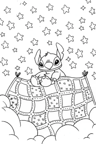 A coloring page of Stitch’s Cosmic Quilt Adventure Coloring Page