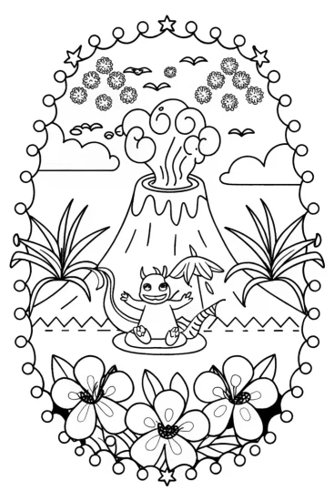 A coloring page of Charizard dancing near a bubbling volcano