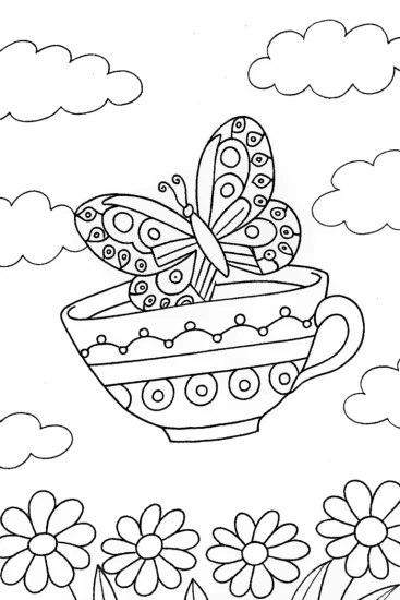 A coloring page of Butterfly Dreams in a Floating Teacup