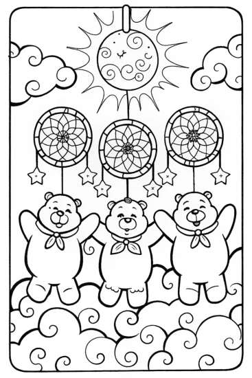 A coloring page of Care Bears’ Dreamy Cloud Workshop Coloring Page