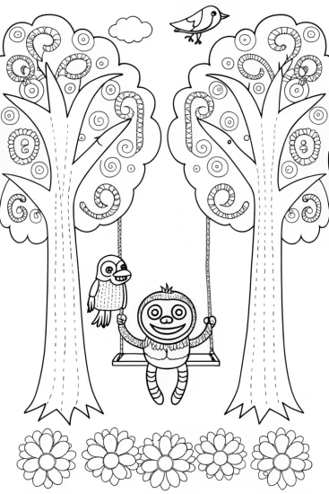 A coloring page of Huggy Wuggy’s Tree Swing Coloring Page