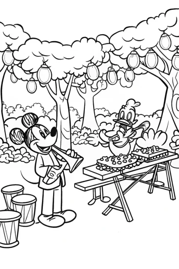 A coloring page of Mickey Mouse and friends jam at the festival