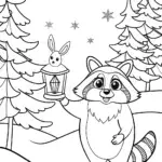 Raccoon and Bunny Christmas Coloring Page