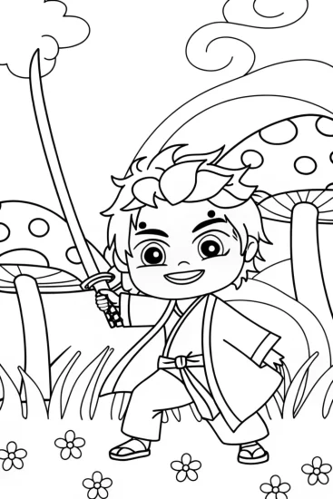 A coloring page of Demon Slayer Sparring in the Glade Coloring Page