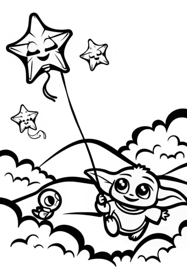 A coloring page of Baby Yoda’s Cosmic Kite Adventure Coloring Page