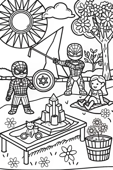 A coloring page of Avengers Assemble at the Park Coloring Page