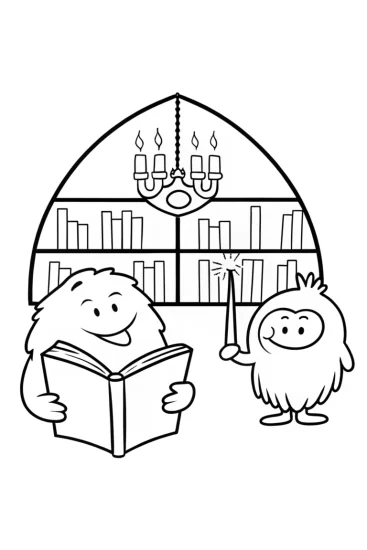 A coloring page of Monster Magic in the Library Coloring Page