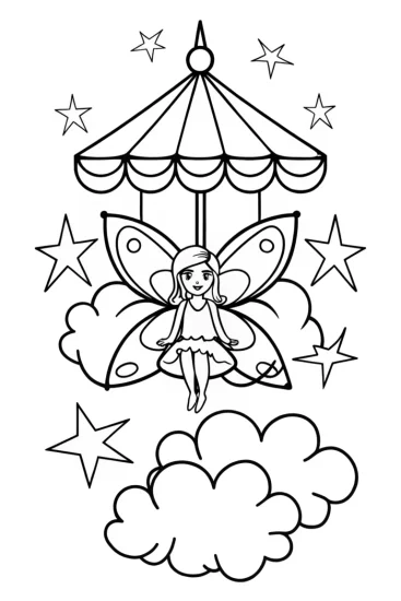 A coloring page of The Fairy’s Stardust Carousel Coloring Page