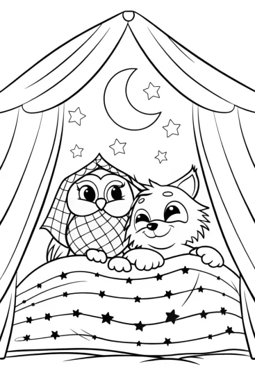 A coloring page of Cozy Woodland Sleepover with Owl and Fox