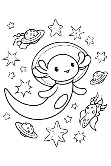 A coloring page of Axolotl’s Cosmic Adventure Coloring Page