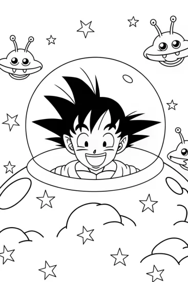 A coloring page of Goku’s Cosmic Bubble Adventure Coloring Page