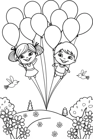 A coloring page of Soaring high on springtime balloons
