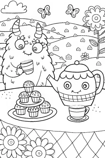 A coloring page of Monster Tea Party Coloring Page