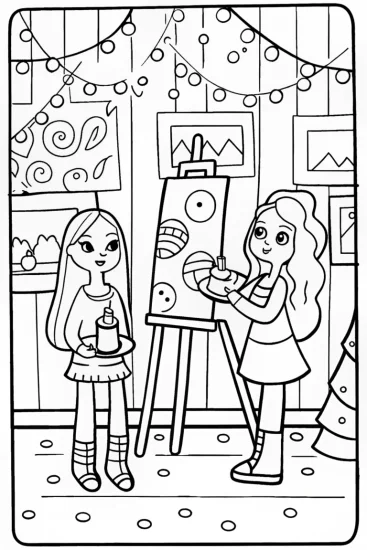 A coloring page of Bratz Dolls in a Magical Art Studio Coloring Page