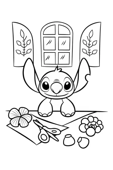 A coloring page of Stitch’s Cozy Crafting Corner Coloring Page