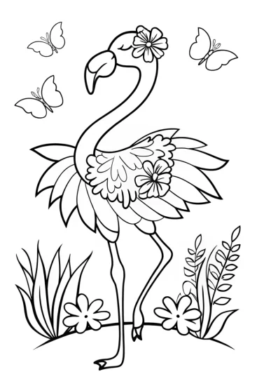 A coloring page of Flamingo Fashionista in a Tropical Garden Coloring Page