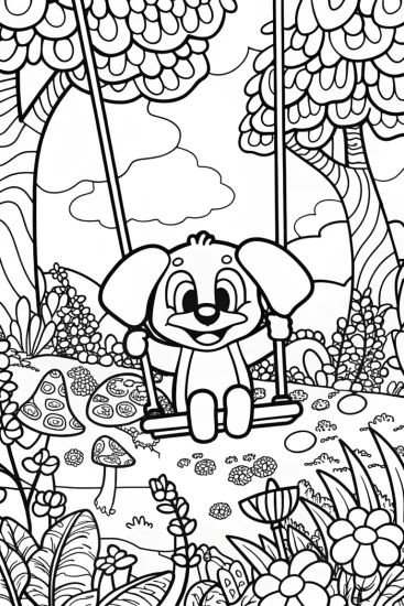A coloring page of Puppy in the Enchanted Swing Coloring Page