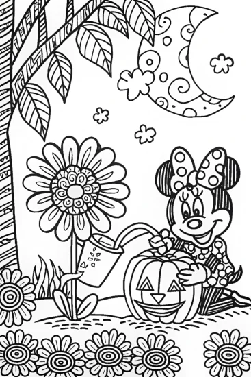 A coloring page of Minnie Mouse’s Enchanted Halloween Garden Coloring Page