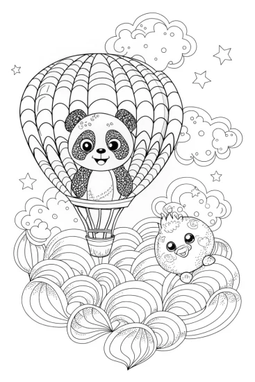 A coloring page of Baby Panda and Fluffy Chick Bubble Coloring Page