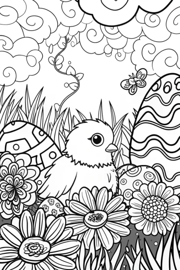 A coloring page of Chick’s whimsical garden quest