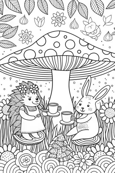 A coloring page of Hedgehog and Rabbit Tea Party Coloring Page