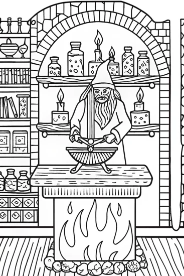 A coloring page of The magical forge of glowing creations