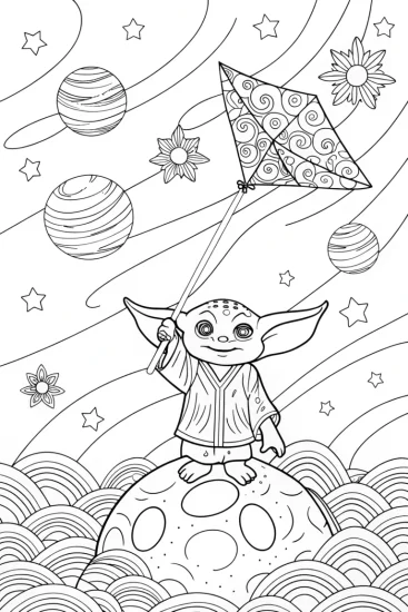A coloring page of Baby Yoda’s Stellar Kite Journey Coloring Page