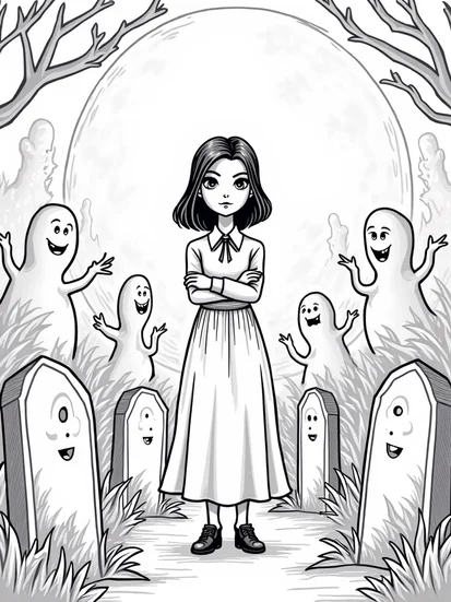 A coloring page of Wednesday Addams in the graveyard