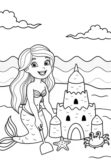 A coloring page of Mermaid building a sandcastle