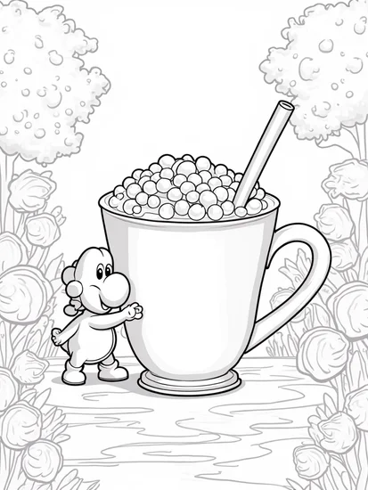 A coloring page of Yoshi in a candy jungle