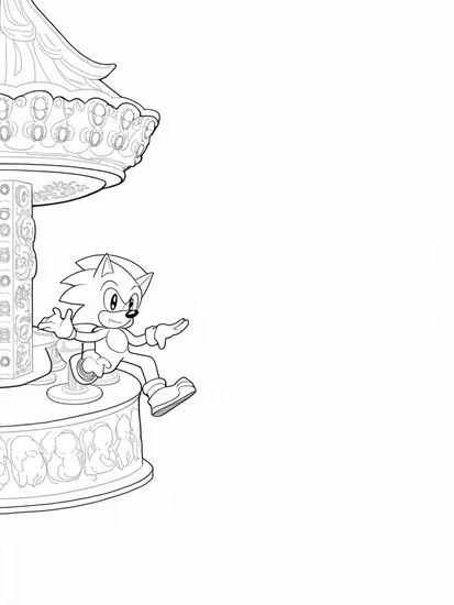 A coloring page of Super Sonic riding a time carousel